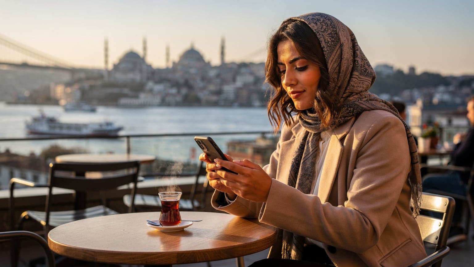 İstanbul Boğazı'na nazır bir kafede, gün batımının altın rengi ışıkları altında, elinde akıllı telefonuyla eSIM paketlerini karşılaştıran genç bir kadın.