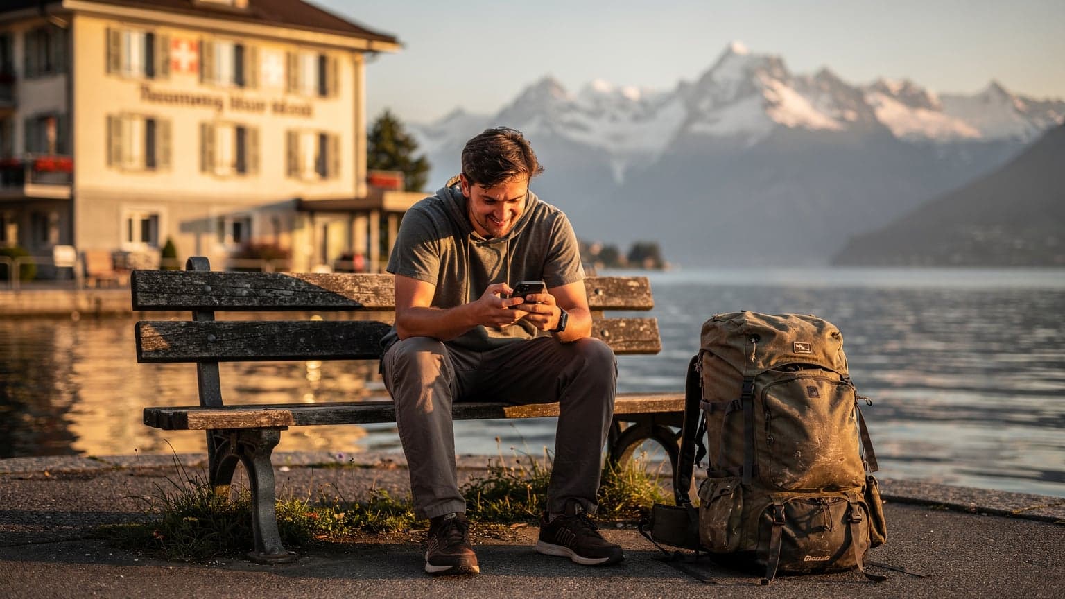 Ein Budget-Reisender sitzt mit seinem Smartphone in der Hand auf einer Parkbank vor dem Genfersee, im Hintergrund die Alpen und eine Jugendherberge.