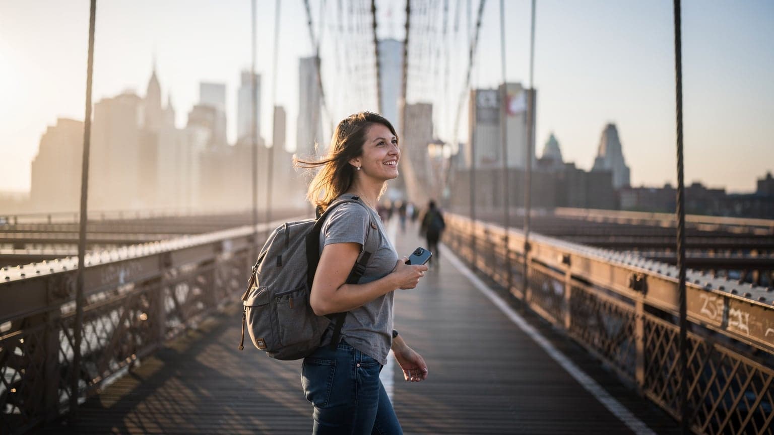 Mladá žena s batohem prochází po Brooklynském mostě za svítání, drží v ruce chytrý telefon a usmívá se, s Manhattanem v pozadí.