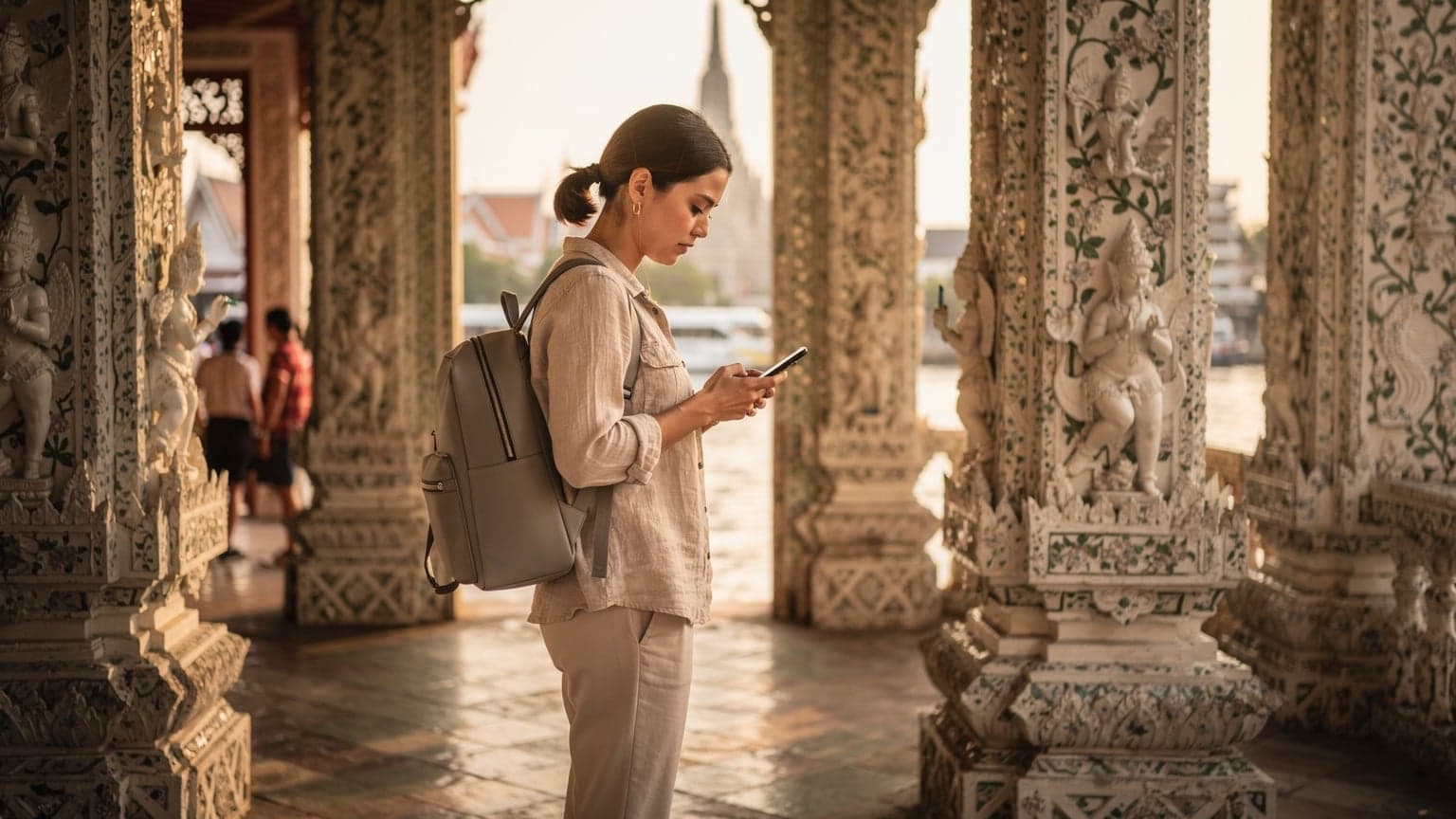 Une voyageuse navigue sur son smartphone à l'intérieur du Wat Arun à Bangkok, la lumière du matin caressant les détails architecturaux du temple.