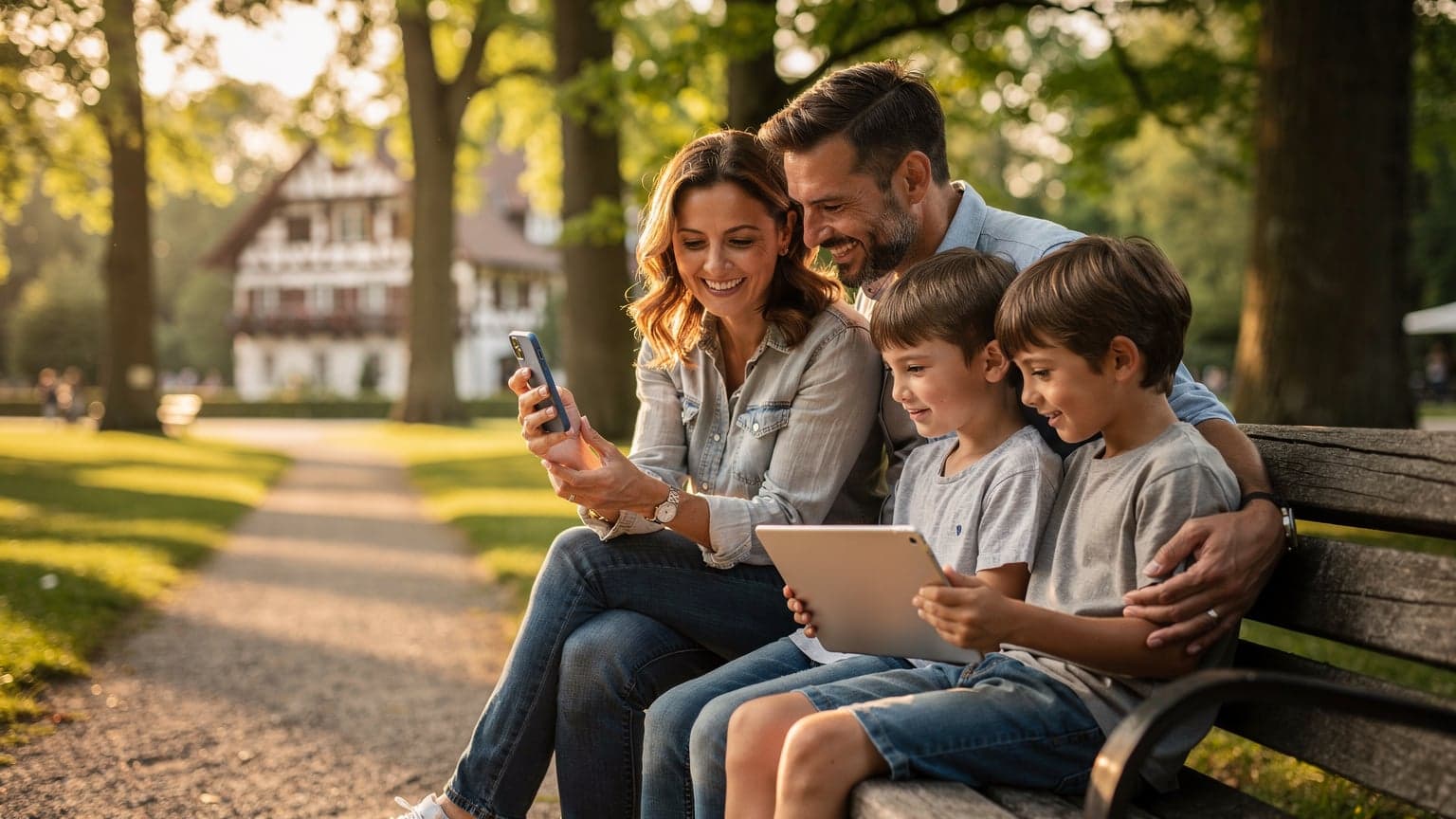Eine Familie mit zwei Kindern, die lachend auf einer Parkbank in München sitzen, während ein Elternteil ein Smartphone mit einer eSIM-App bedient.