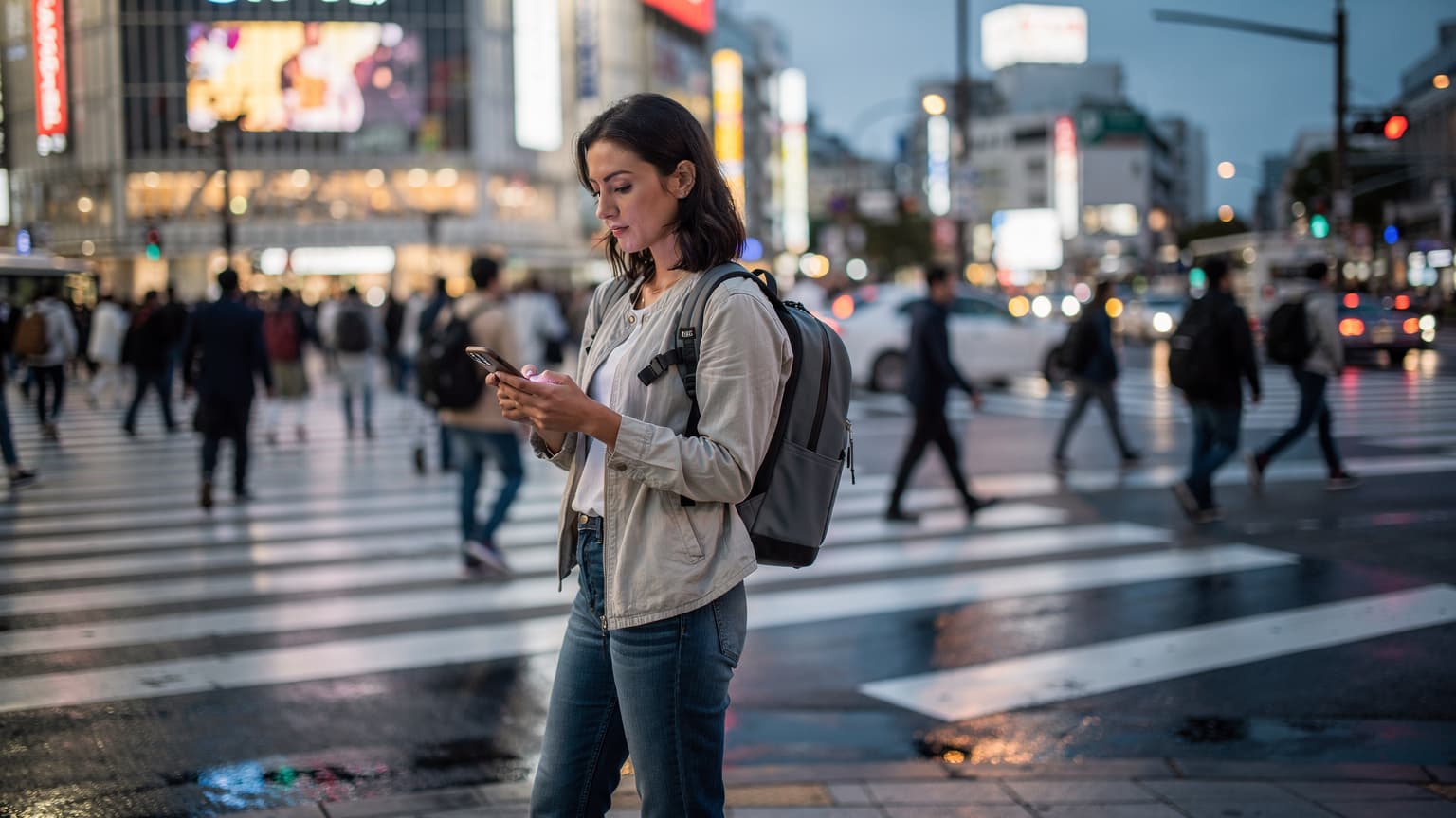A traveler uses their smartphone to navigate a bustling street in Tokyo, with Shibuya Crossing in the background at twilight.