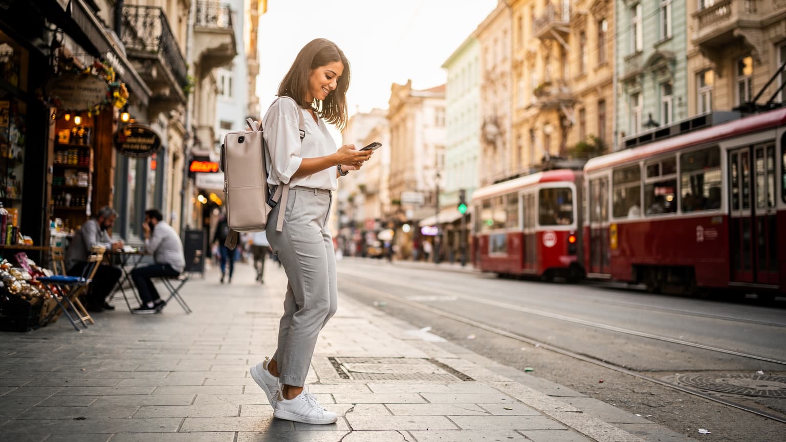 İstanbul'un hareketli bir sokağında, tarihi binalar ve modern tramvaylar arasında telefonunu kullanan gülümseyen bir gezgin.