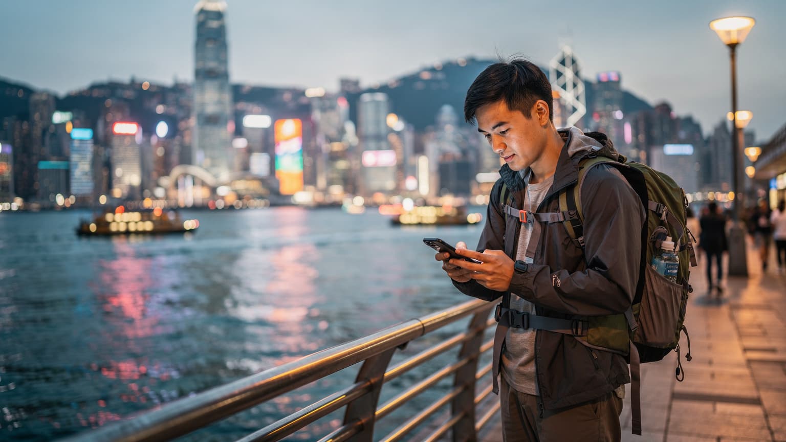 一名年輕的亞洲背包客在香港維多利亞港邊,手持手機查看eSIM套餐資訊,背景是燈火輝煌的城市天際線。