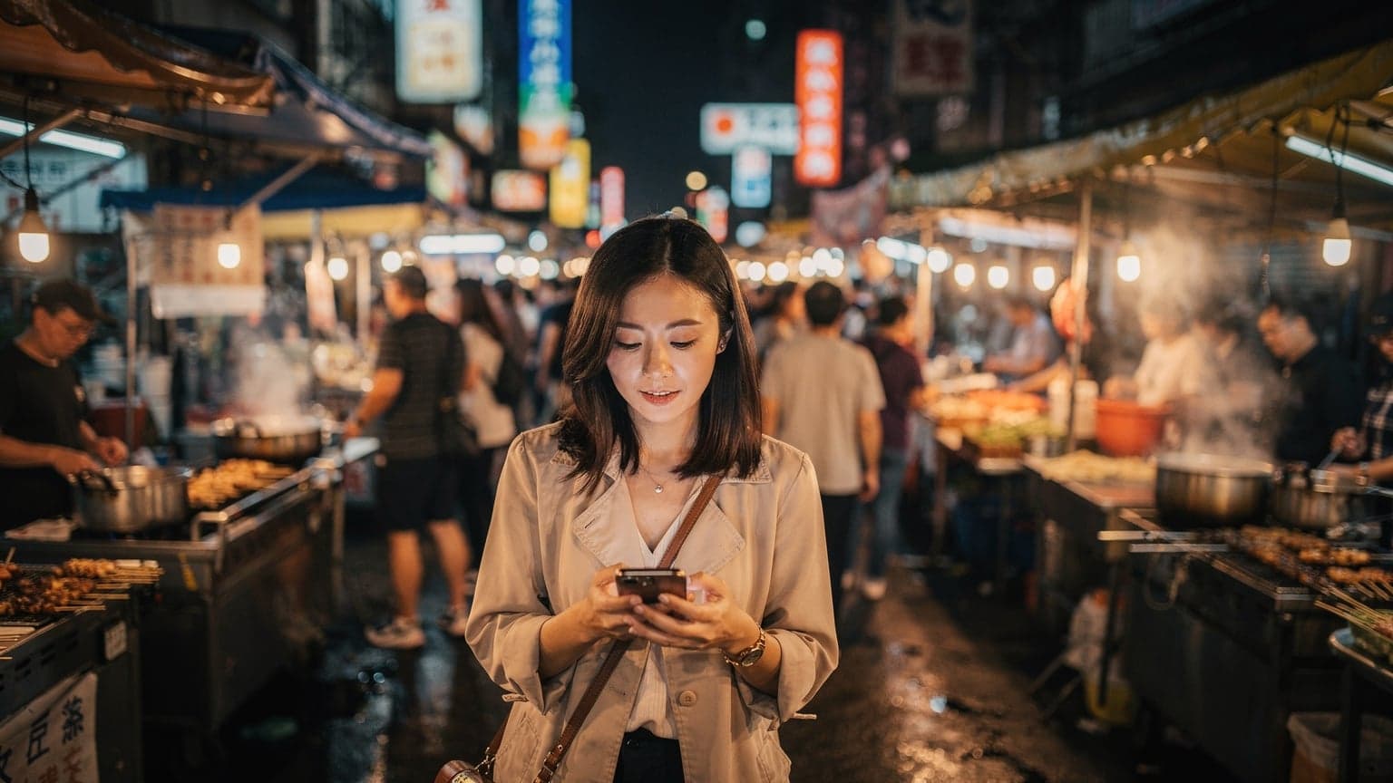 台湾の賑やかな夜市で、スマホを片手に屋台のメニューを調べている旅行者。周囲には美味しそうな食べ物の屋台が並び、活気ある雰囲気が伝わってくる。