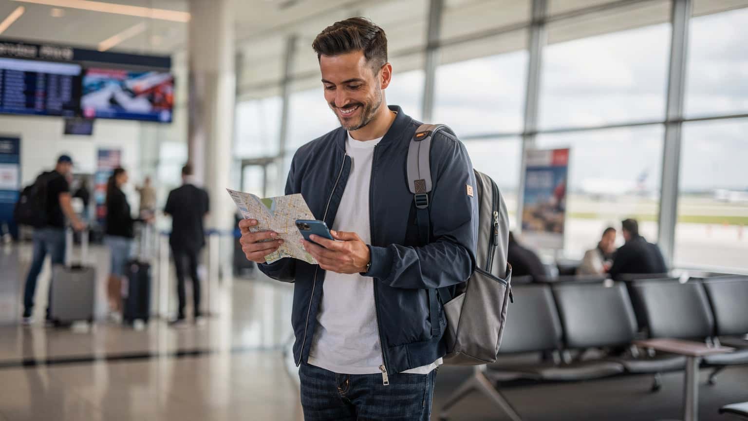 Ένας Έλληνας ταξιδιώτης με ένα smartphone στο χέρι, κοιτάζει με χαμόγελο έναν χάρτη της Νέας Υόρκης ενώ περιμένει στο Terminal 4 του JFK Airport, με φόντο τις αναχωρήσεις και αφίσες των ΗΠΑ.