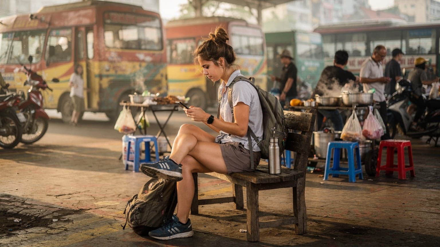 Een jonge backpacker zit op een houten bankje bij een busstation in Hanoi, Vietnam, met een smartphone in de hand en een rugzak naast zich, zoekend naar de beste eSIM deal voor haar volgende bestemming.