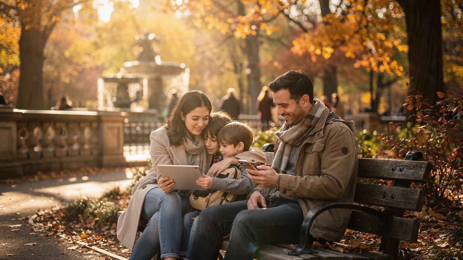 Uma família, pais e duas crianças, sentados num banco no Central Park em Nova Iorque, a consultar um tablet e um smartphone com sorrisos, desfrutando de uma tarde ensolarada de outono.