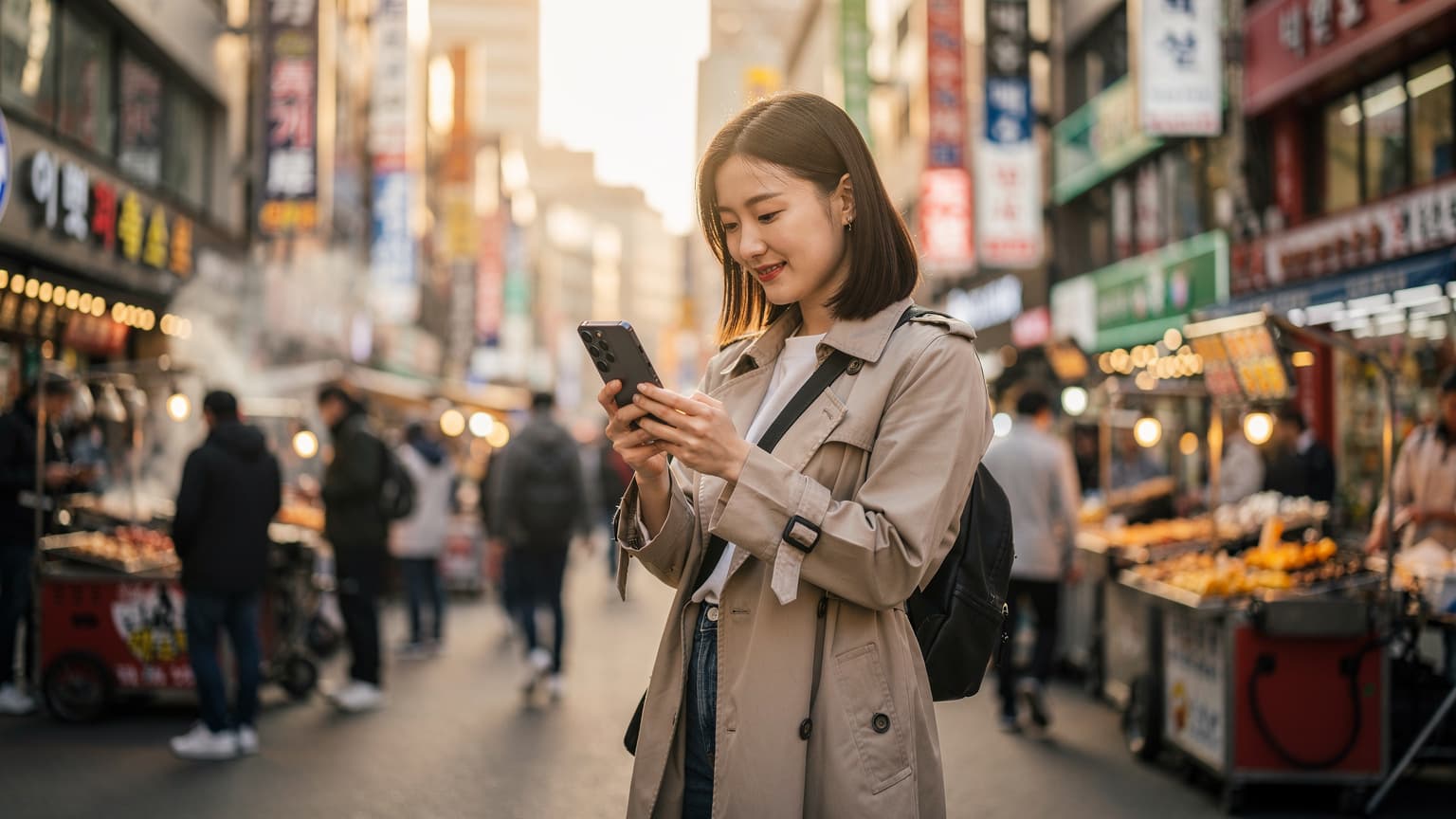 서울 명동 거리에서 갤럭시 S24 울트라를 들고 해외 eSIM 설정을 확인하는 여행자