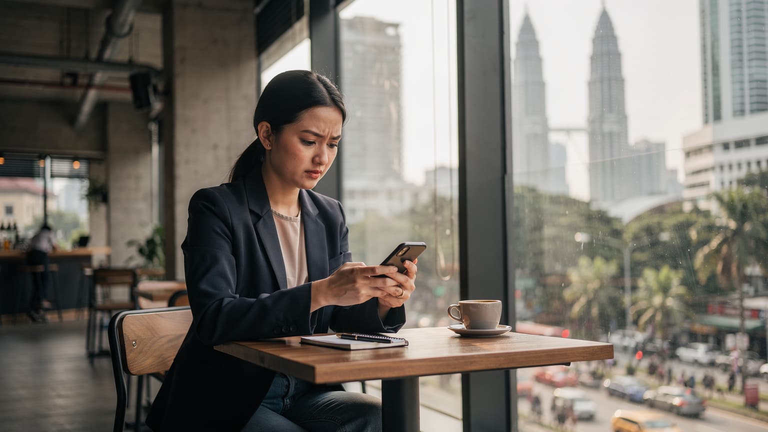 Seorang jurutera wanita Malaysia sedang memeriksa telefon pintarnya di sebuah kafe moden di Kuala Lumpur, dengan latar belakang landskap bandar yang sibuk.