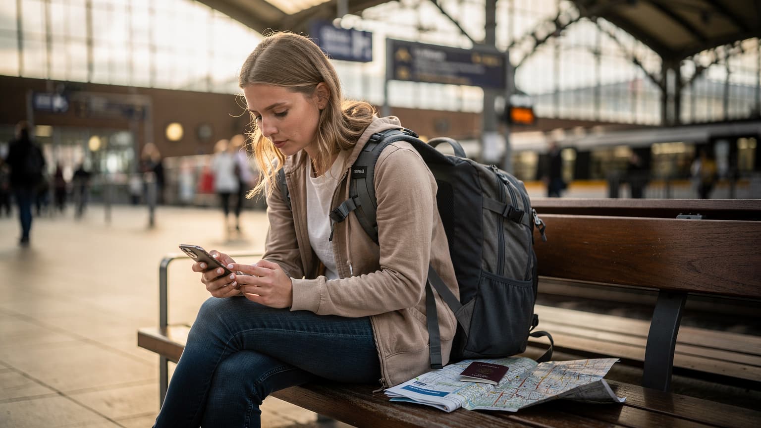 En ung kvinde med rygsæk tjekker sin iPhone for eSIM-aktivering ved en travl togstation i København, med en rejseplan og pas liggende på en bænk ved siden af hende i blødt morgenlys.