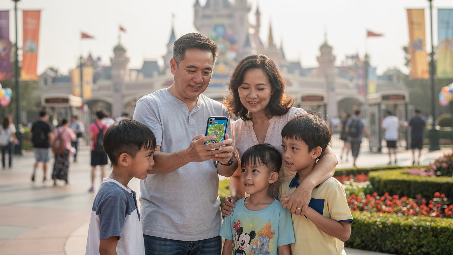 Một gia đình Việt Nam đang xem màn hình điện thoại tại lối vào của Khu nghỉ dưỡng Disneyland Thượng Hải, chuẩn bị sử dụng eSIM để kiểm tra bản đồ công viên và thời gian chờ đợi trò chơi.