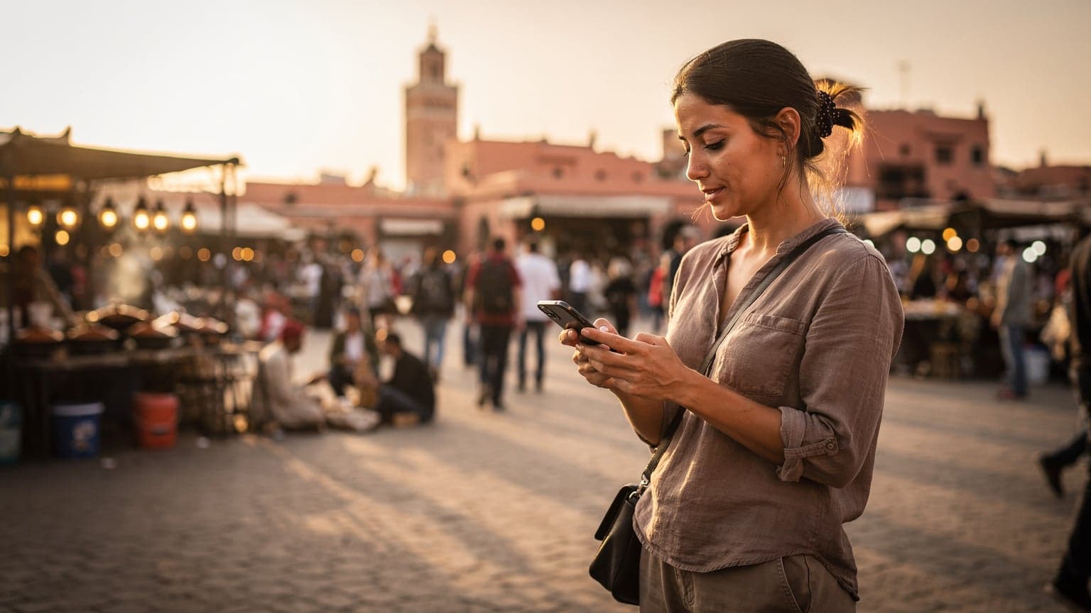 Kobieta korzystająca ze smartfona z włączoną usługą eSIM, stojąca na tle tętniącego życiem placu Jemaa el-Fna w Marrakeszu o zachodzie słońca.