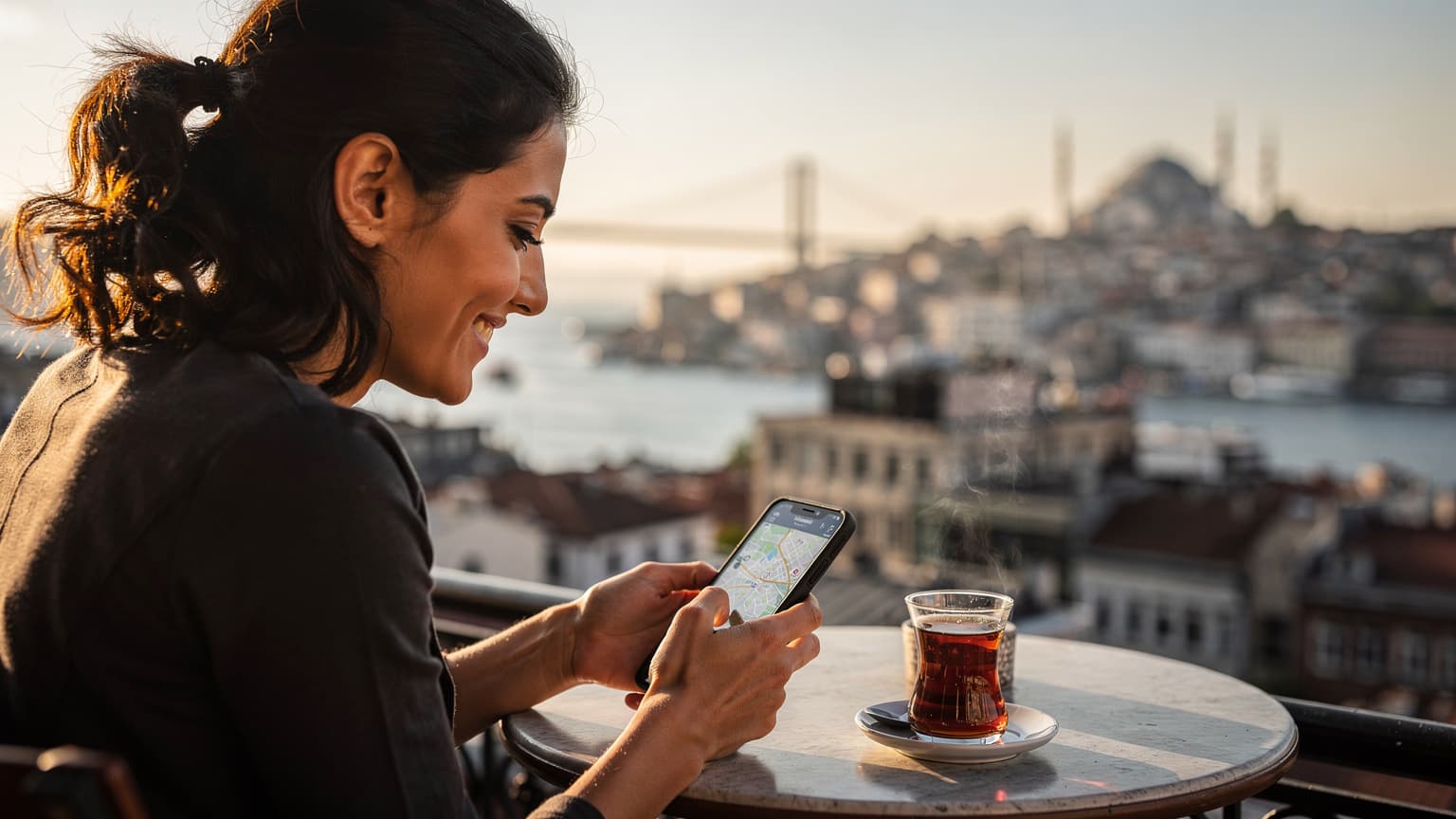 O tânără zâmbește în timp ce verifică harta pe telefon, așezată pe o terasă însorită cu vedere la Bosfor, în cartierul Karaköy din Istanbul, cu o ceașcă de ceai turcesc alături.