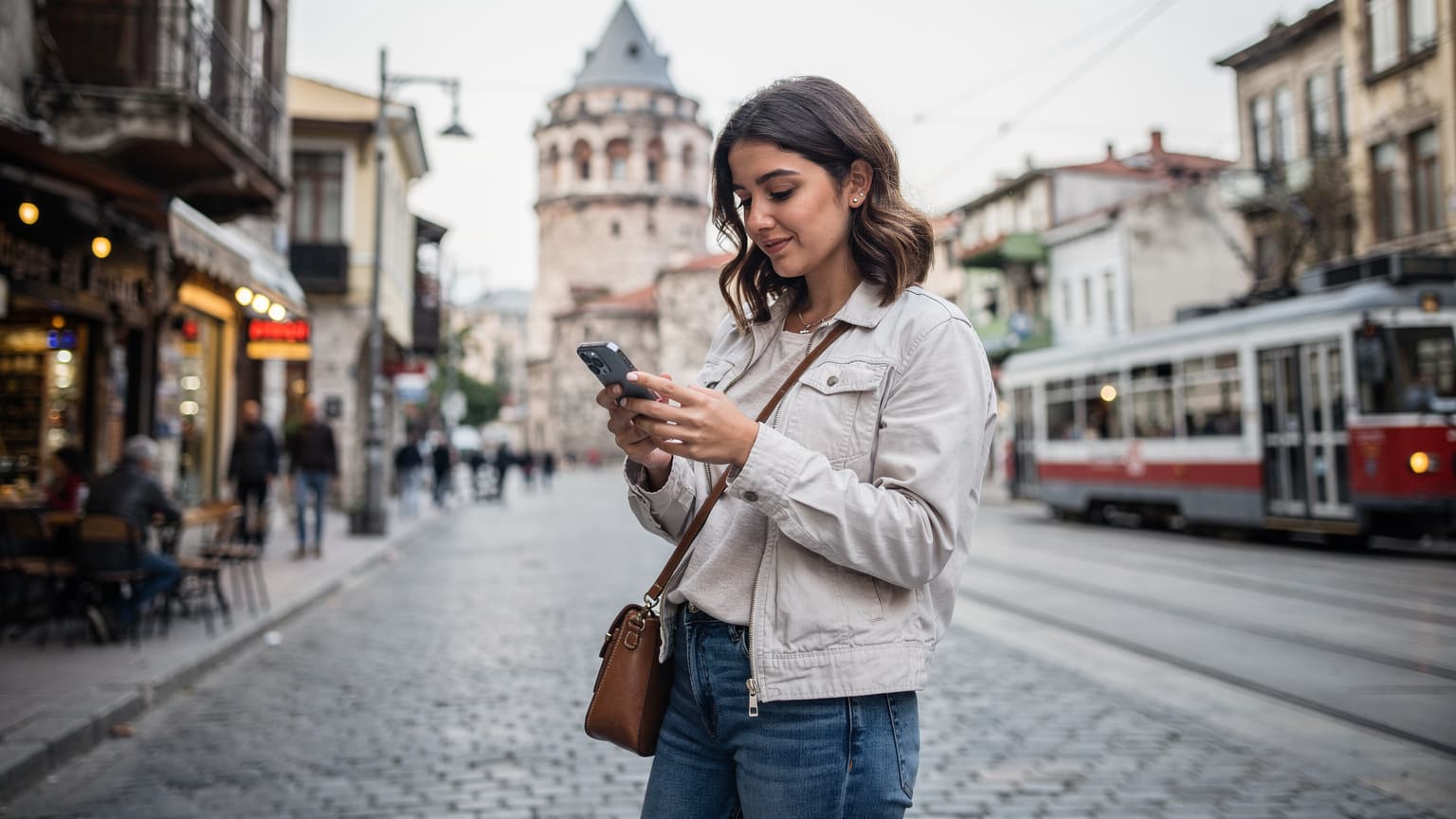 İstanbul'daki tarihi Galata Kulesi önünde, modern bir akıllı telefonu tutan genç bir kadın, ekranında eSIM kurulumu ile ilgili bilgileri kontrol ediyor, arka planda şehrin kalabalık sokakları ve tramvaylar görünüyor.