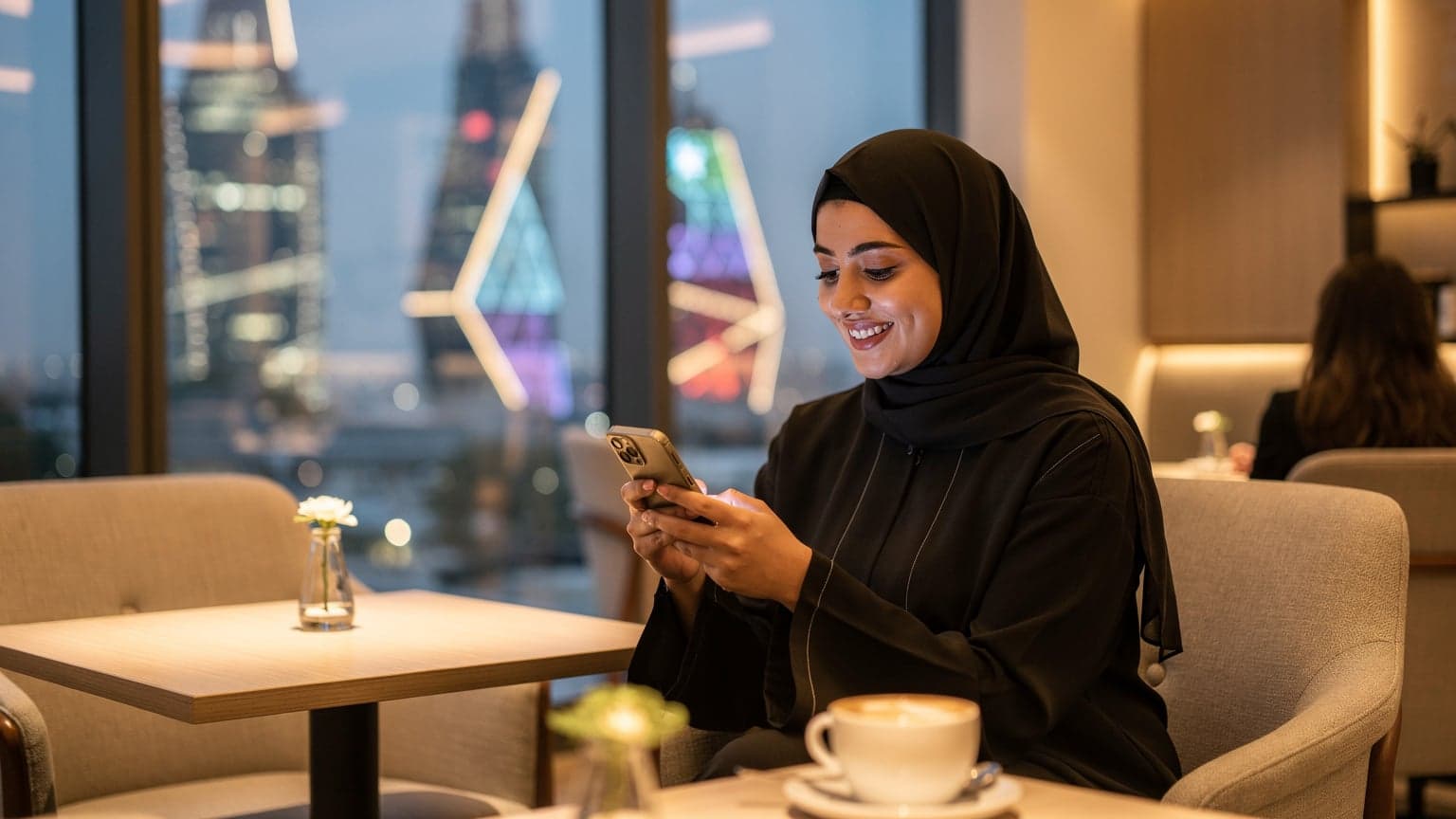 امرأة شابة ترتدي عباءة وتستخدم هاتفها الذكي بسعادة أثناء جلوسها في مقهى حديث في الرياض مع أضواء المدينة الخافتة في الخلفية.