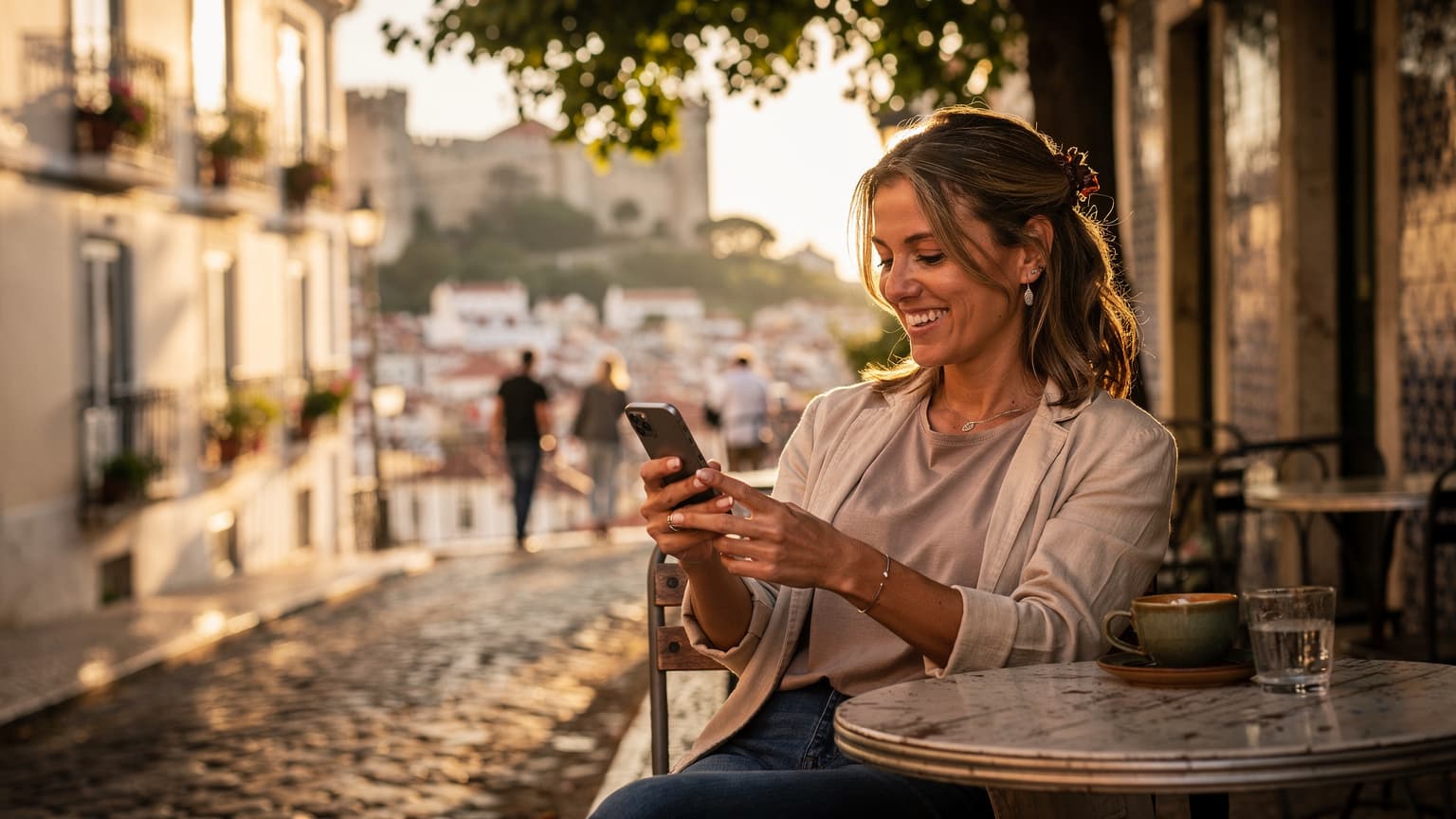 Uma mulher sorridente, com cabelos castanhos claros, sentada numa esplanada ensolarada no bairro da Graça, em Lisboa, a olhar para o telemóvel com o Castelo de São Jorge ao fundo.