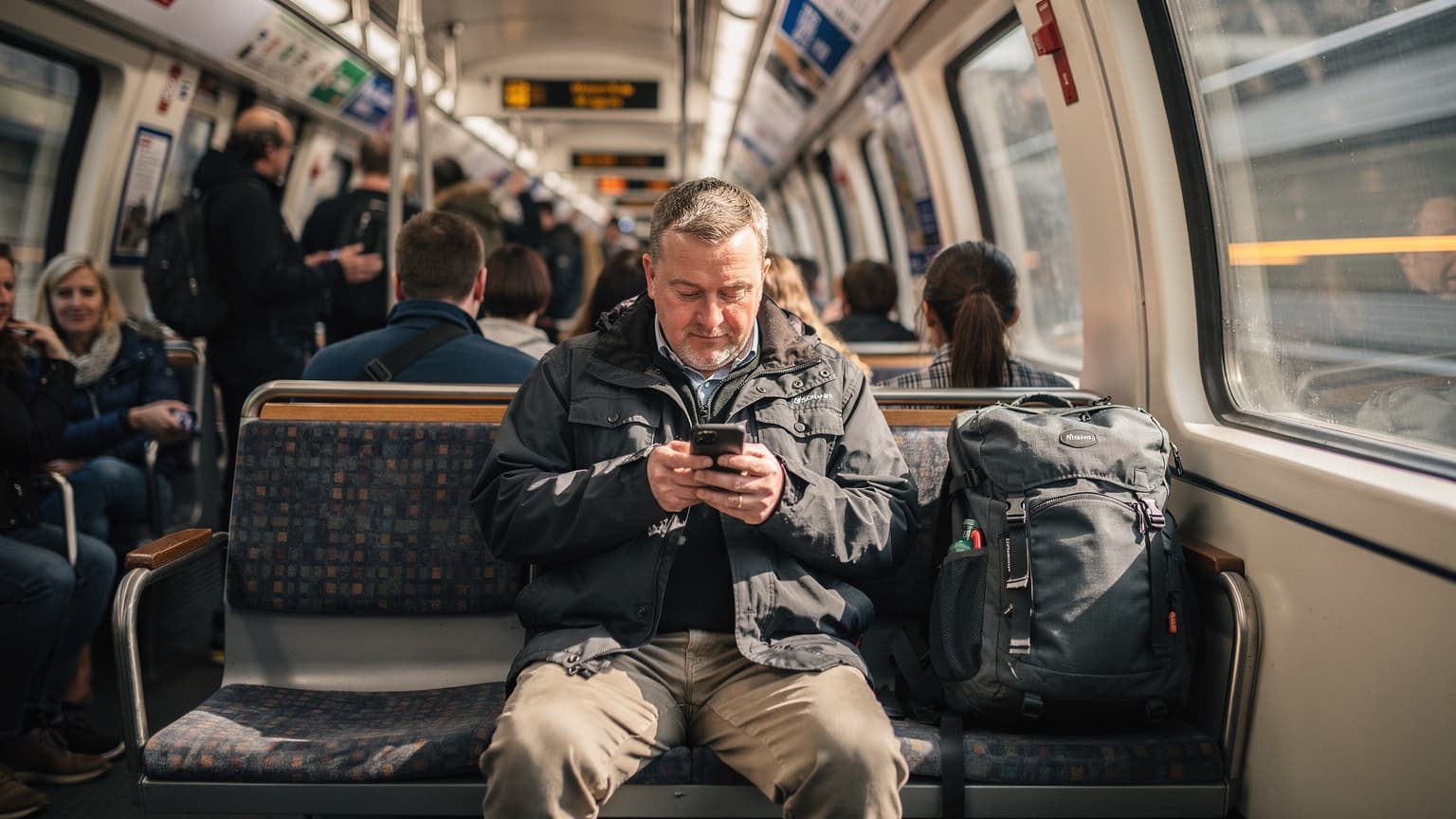 Mężczyzna w średnim wieku, ubrany w kurtkę, siedzi na ławce w ruchliwym londyńskim metrze, przeglądając coś na swoim smartfonie, obok niego leży plecak. Obok niego widać ramię innej osoby. Scena ukazuje codzienne życie w komunikacji miejskiej, z dynamicznymi światłami i rozmazanym tłem.