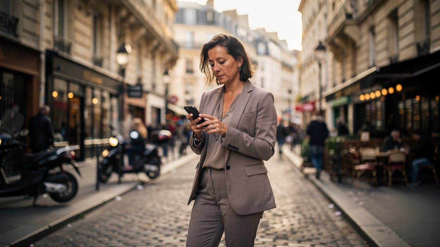 Une femme utilisant son smartphone avec une eSIM active, devant une façade d'immeuble haussmannien typique de Paris, sous un ciel légèrement nuageux de fin d'après-midi.