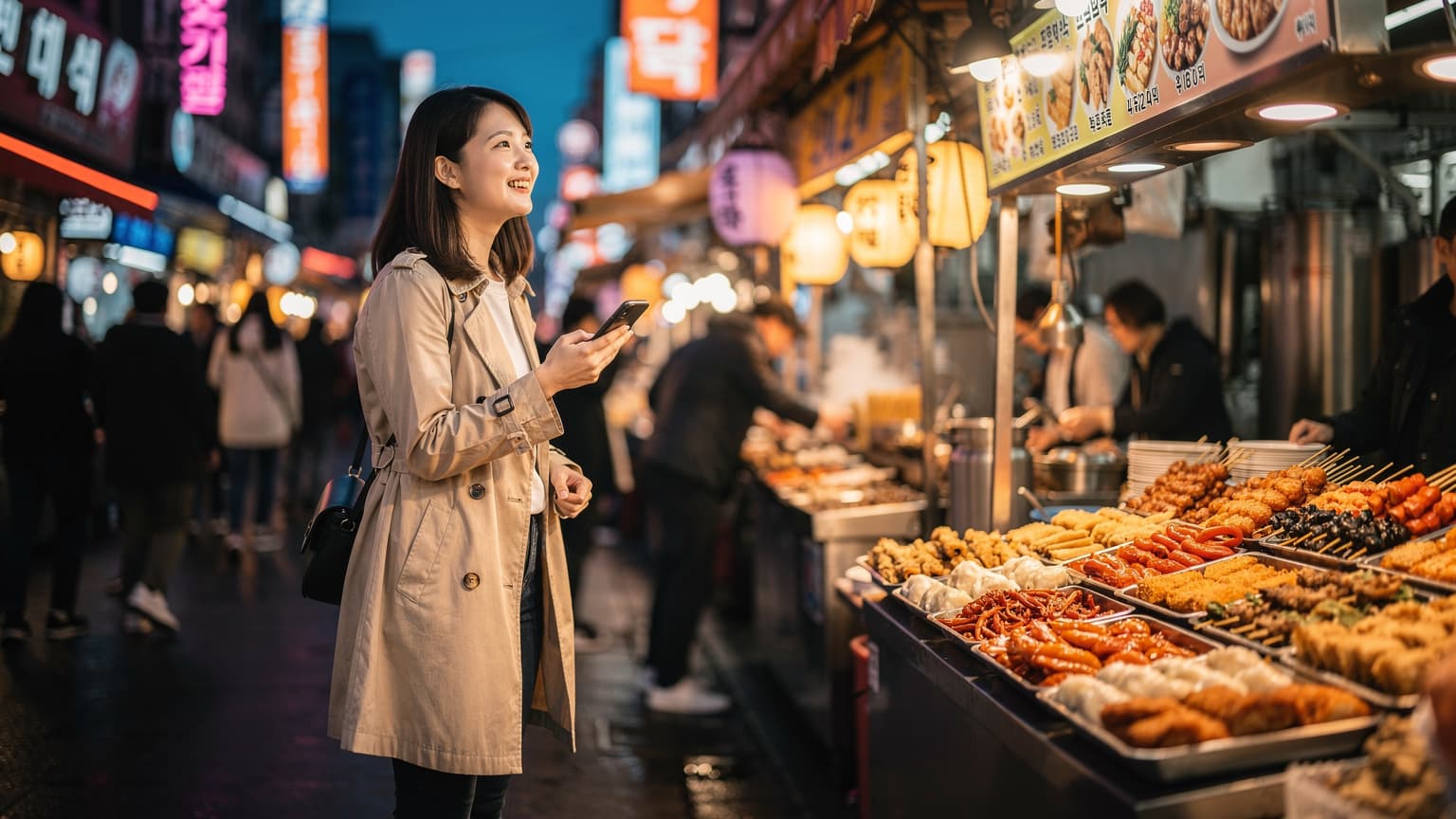 ソウルの明洞にある賑やかな屋台街で、旅行者がスマートフォンを片手に食べ物を注文しようとしている様子。