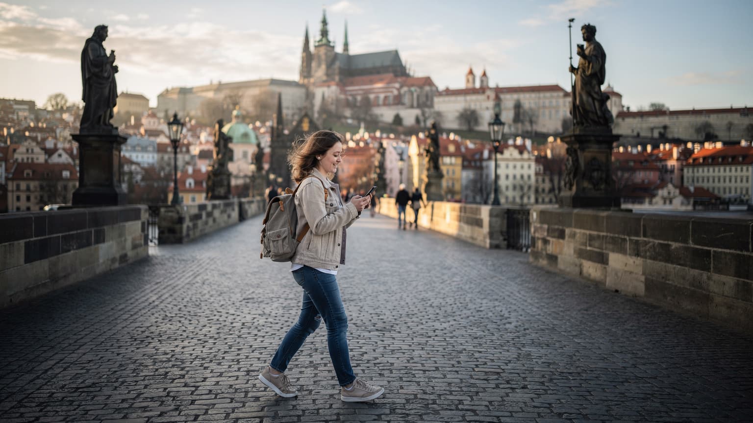 Mladá žena s batohem prochází po mostě Charles Bridge v Praze, s úsměvem drží v ruce telefon a kontroluje mapu, v pozadí je Malá Strana a Pražský hrad za ranního světla.