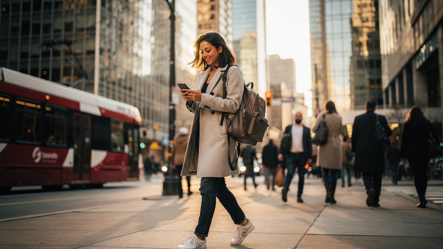 Mladá žena s batohem prochází po rušné ulici v centru Toronta, drží telefon s mapou a usmívá se, zatímco se kolem ní míhají tramvaje a lidé.