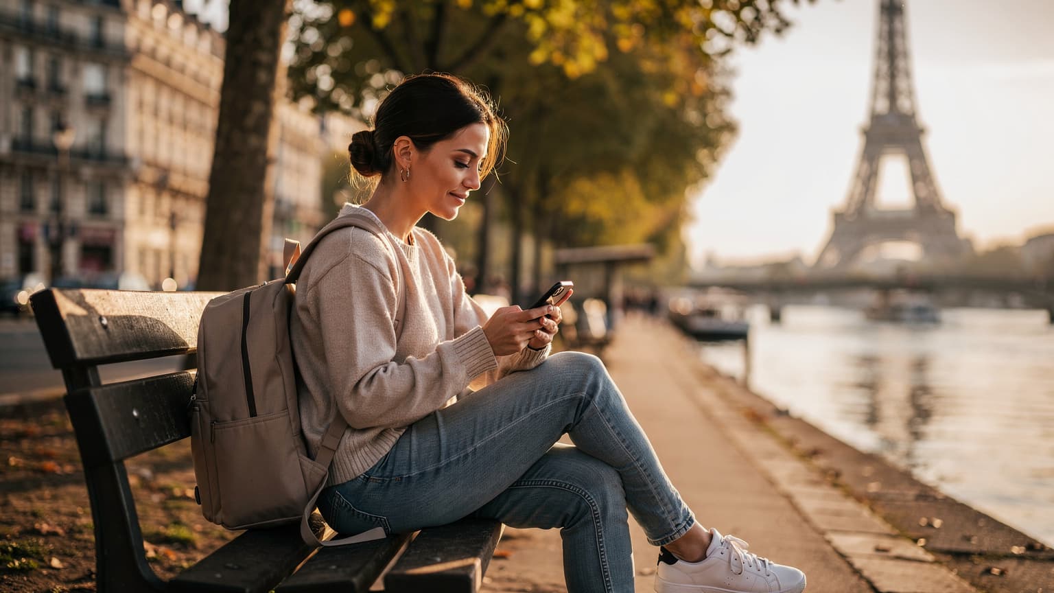 Een vrouw met een rugzak kijkt ontspannen op haar smartphone op een bankje bij de Seine, met de Eiffeltoren op de achtergrond, terwijl ze geniet van de avondzon in Parijs.