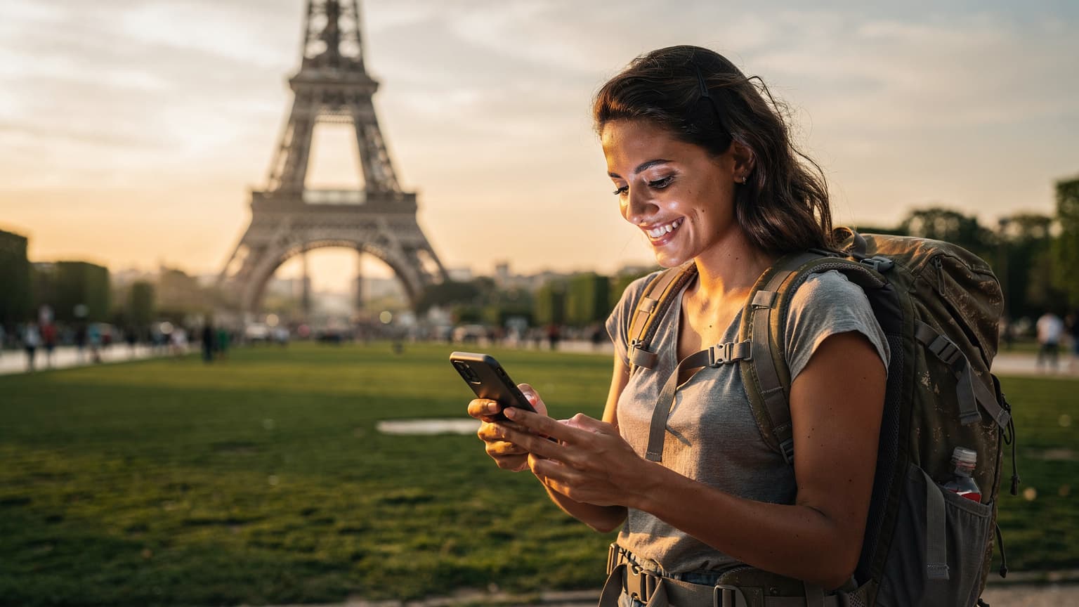 Uma mulher brasileira sorridente, com mochila, checando seu celular com um eSIM ativado, em frente à Torre Eiffel em Paris ao pôr do sol.