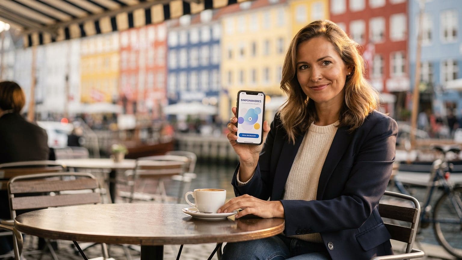 En kvinna i 30-årsåldern ler och visar sin telefon med en eSIM-profil aktiverad, sittande på en solig uteservering vid Nyhavn i Köpenhamn, med de färgglada husen i bakgrunden.