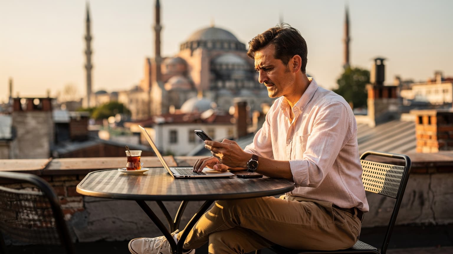 İstanbul'da tarihi yarımada manzaralı bir kafede dizüstü bilgisayar ve telefonunu kullanan bir gezgin.