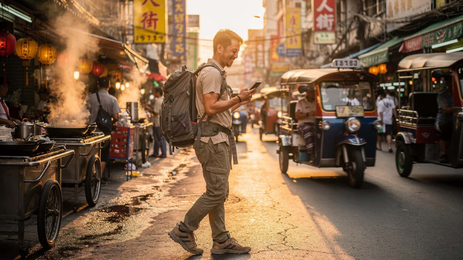 Un voyageur souriant utilise son smartphone pour naviguer dans une rue animée de Bangkok, avec des tuk-tuks et des stands de nourriture en arrière-plan sous un soleil de fin d'après-midi.