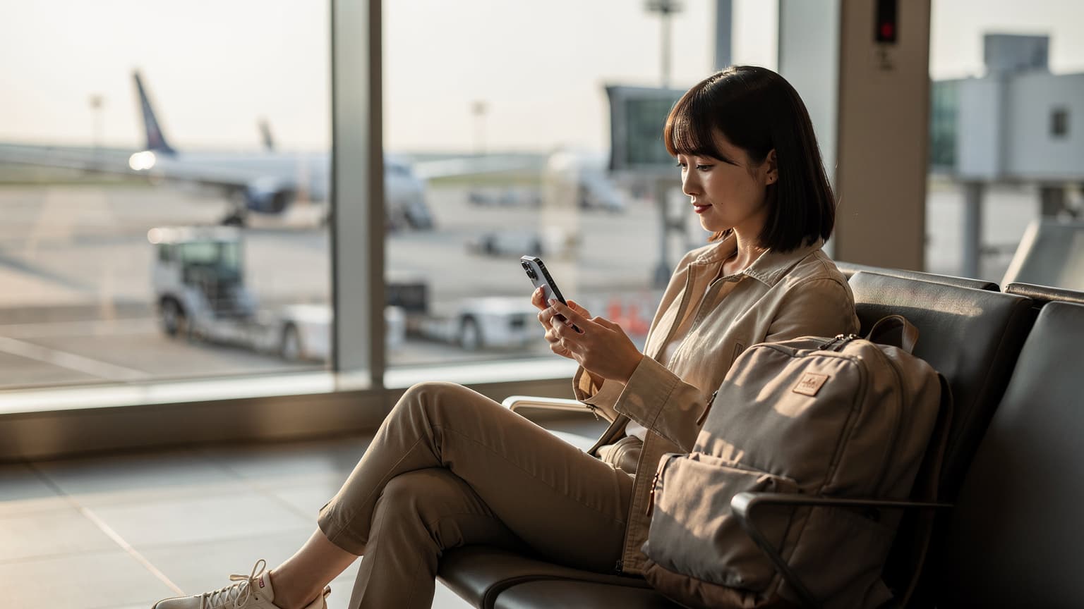 iPhone 15 Pro Maxを手に、成田空港の出発ゲートで搭乗案内をチェックしている日本人女性の旅行者。