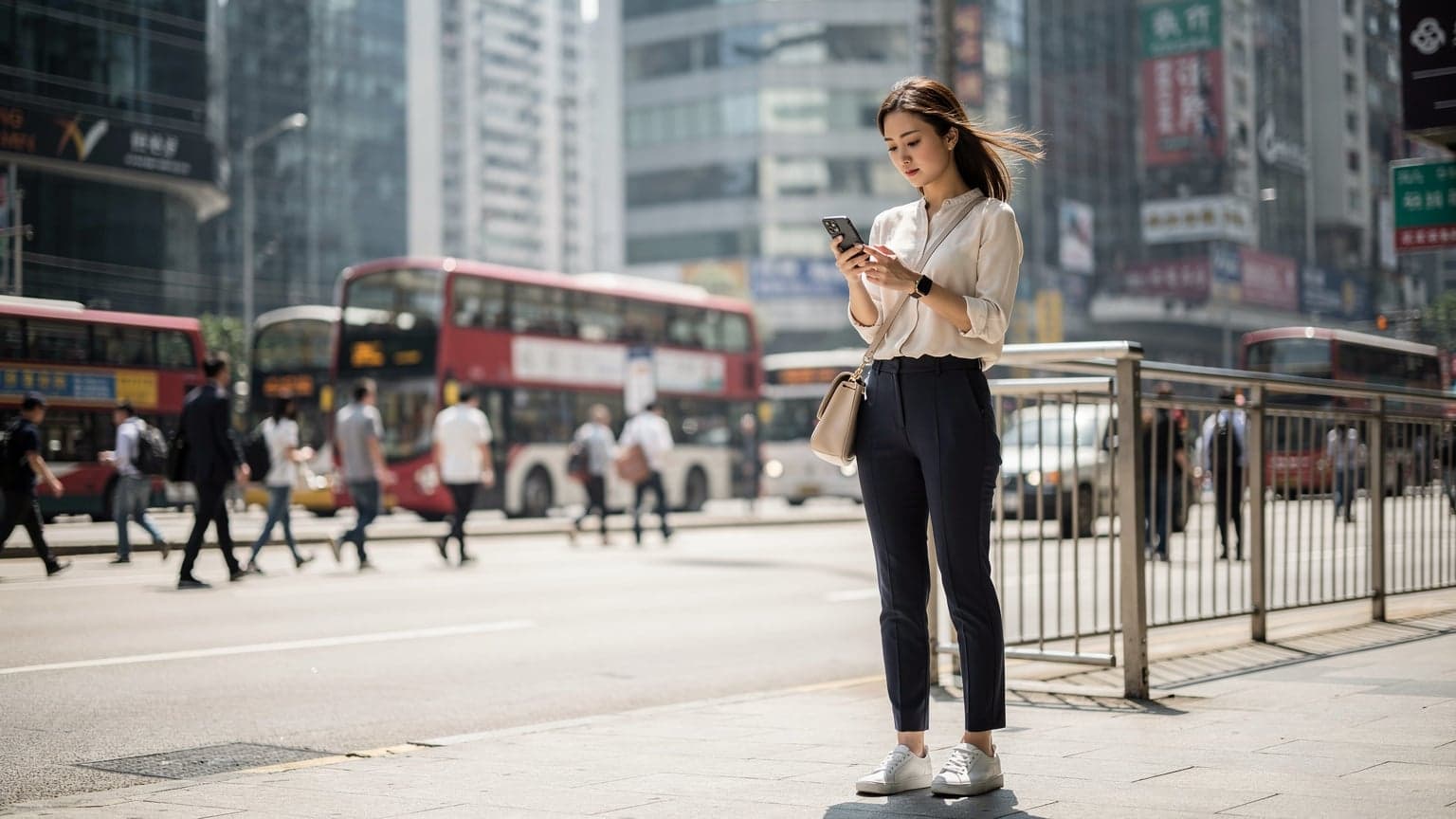 一名女性旅客在香港中環的街頭,手持手機查看eSIM激活信息,背景是高聳的建築和繁忙的城市景象。
