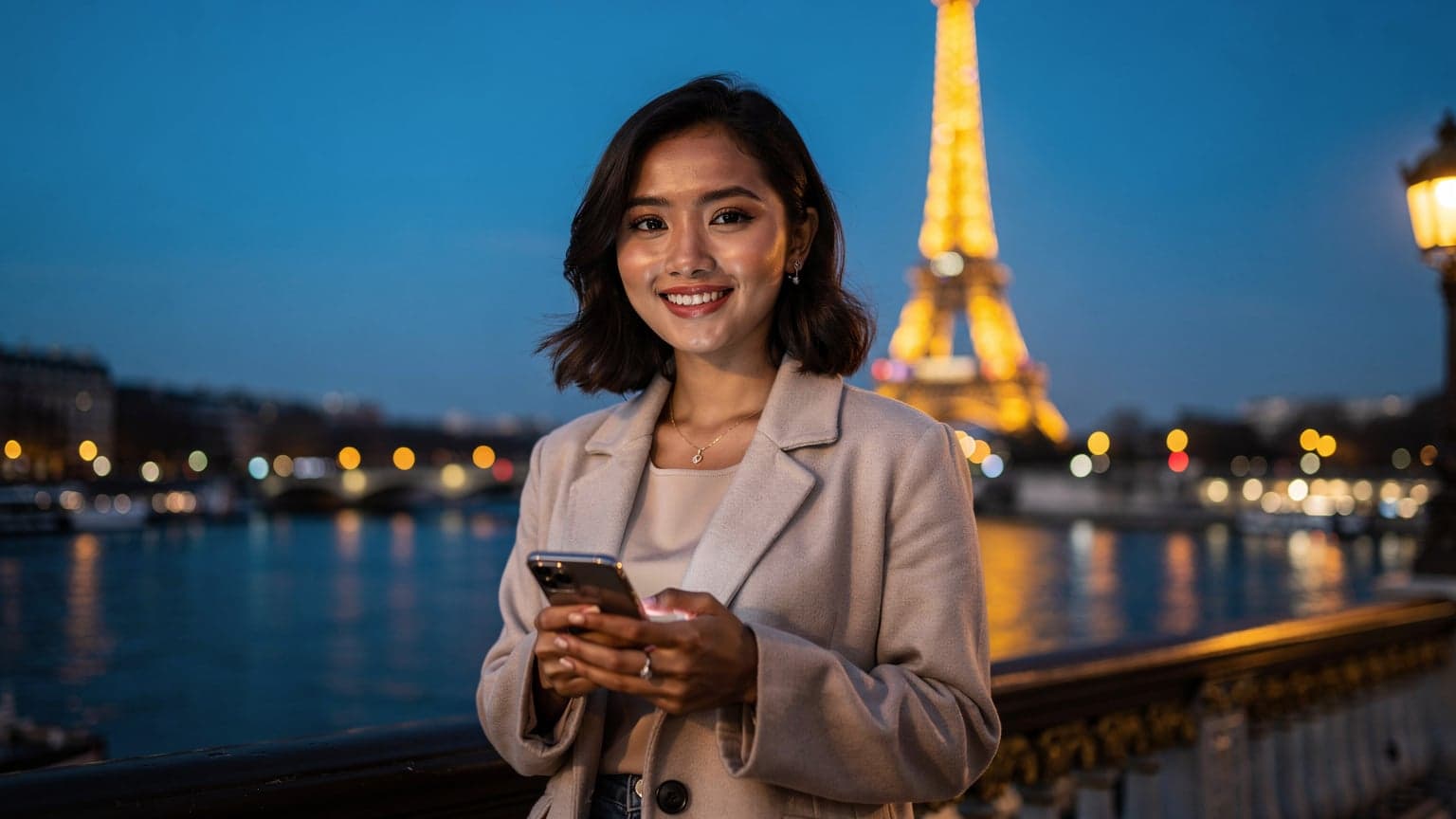 Seorang wanita muda Indonesia tersenyum sambil memegang ponselnya di depan Menara Eiffel yang terang benderang saat senja di Paris, dengan latar belakang langit biru tua.
