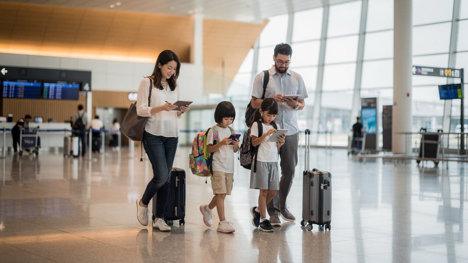 A family of four, parents and two children aged 8 and 10, walking through the departures hall of Tokyo Narita International Airport, each looking at their phones or iPads with a sense of anticipation.