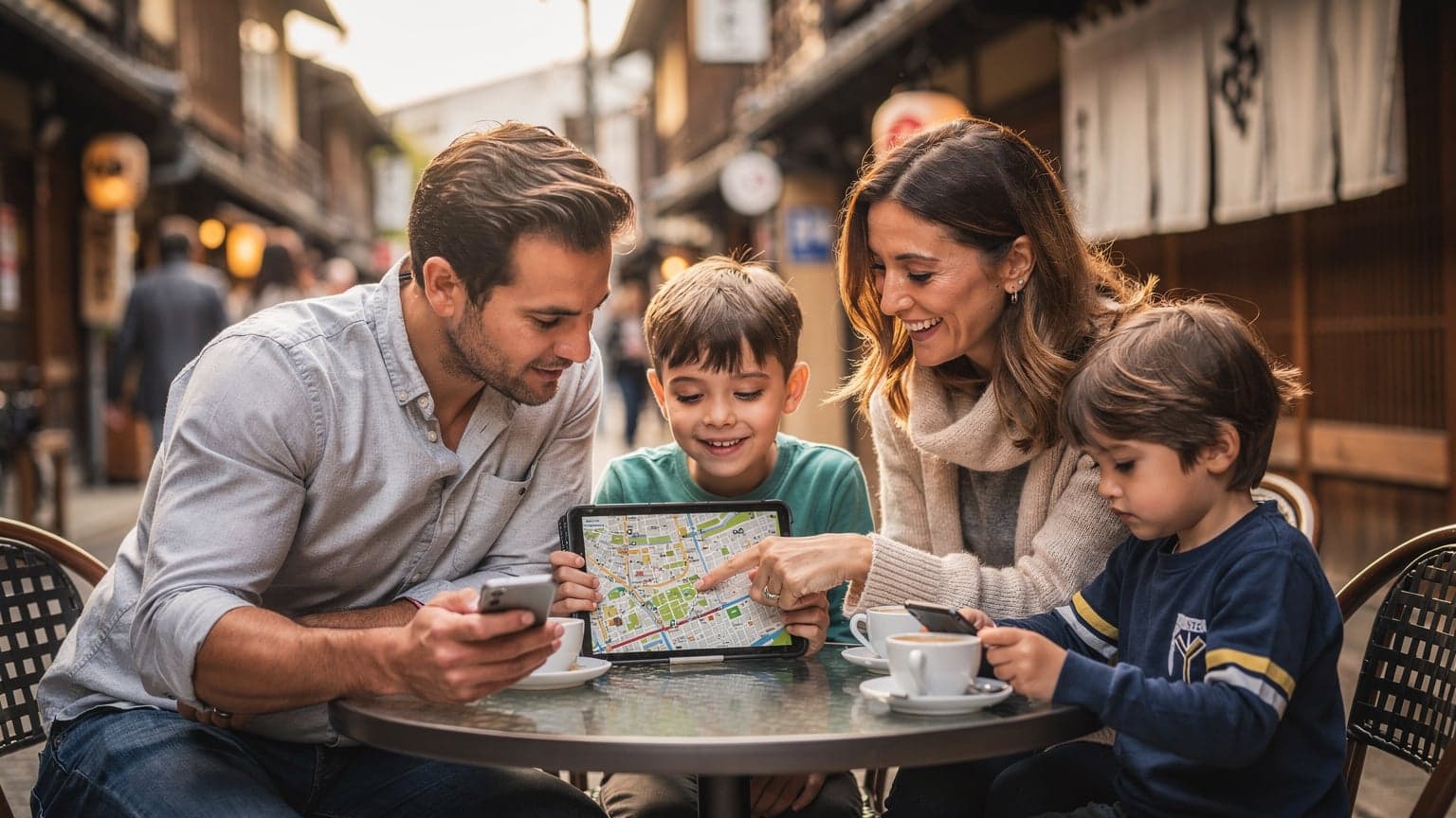 Una famiglia italiana, padre, madre e due bambini, seduta a un tavolo all'aperto di un caffè a Kyoto, con smartphone e tablet in mano, controlla le mappe e le attrazioni mentre sorseggia bevande.