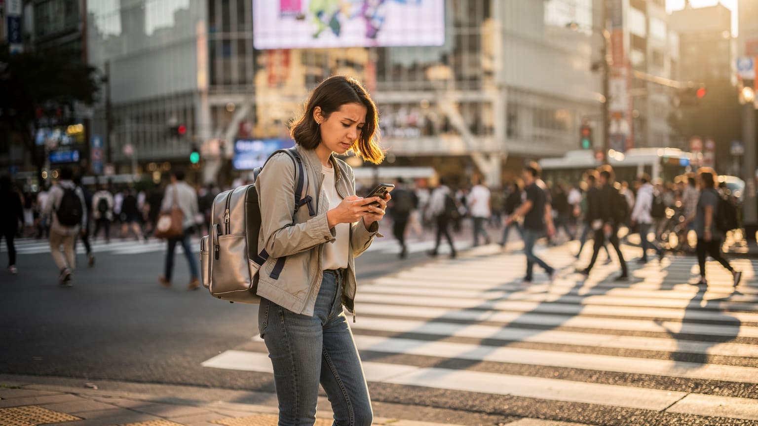 A traveler uses her smartphone to navigate a busy pedestrian crossing in Shibuya, Tokyo, with the iconic Shibuya 109 building in the background.