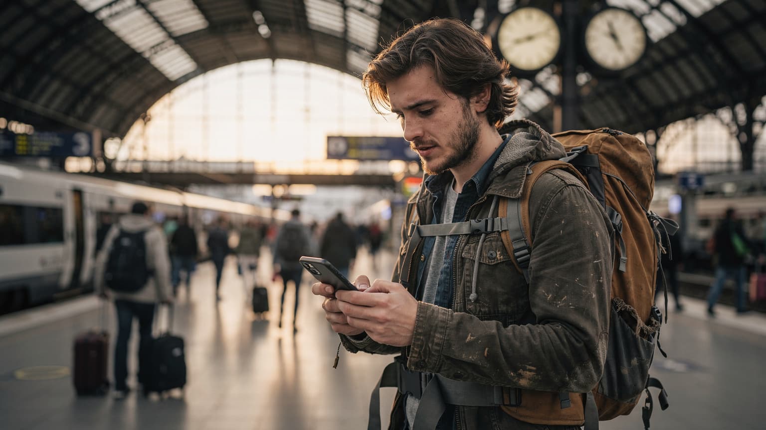 A budget backpacker in a busy European train station, looking at their phone screen with a thoughtful expression, checking eSIM data plans.