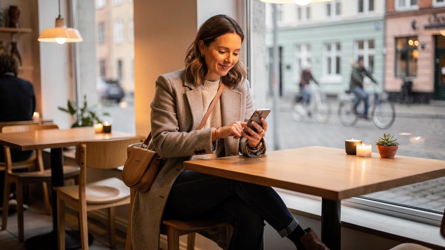 En kvinde sidder på en café i Københavns Nørrebro-kvarter og kigger på sin telefon med et smil, mens hun nipper til en cortado.