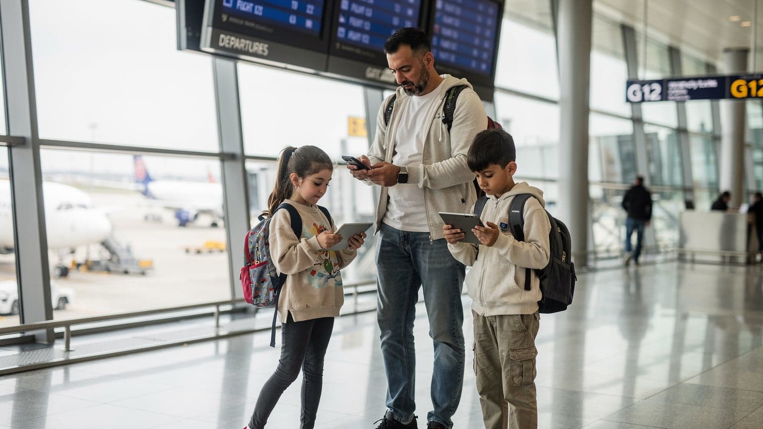 İstanbul Havalimanı'nda, bir baba ve iki çocuğu, ellerinde tabletler ve telefonlar ile uçuş kapısı tabelasına bakarken, neşeli bir anı paylaşan aile.