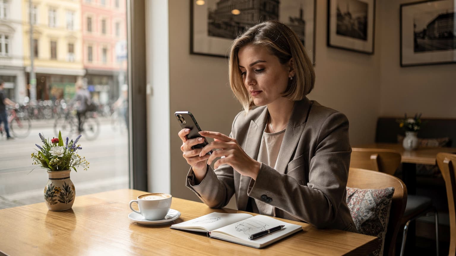 Eine Person sitzt an einem sonnigen Fenster in einem modernen Café in München, blickt auf ihr Smartphone und vergleicht eSIM-Tarife. Ein Cappuccino und ein Notizbuch liegen auf dem Holztisch.