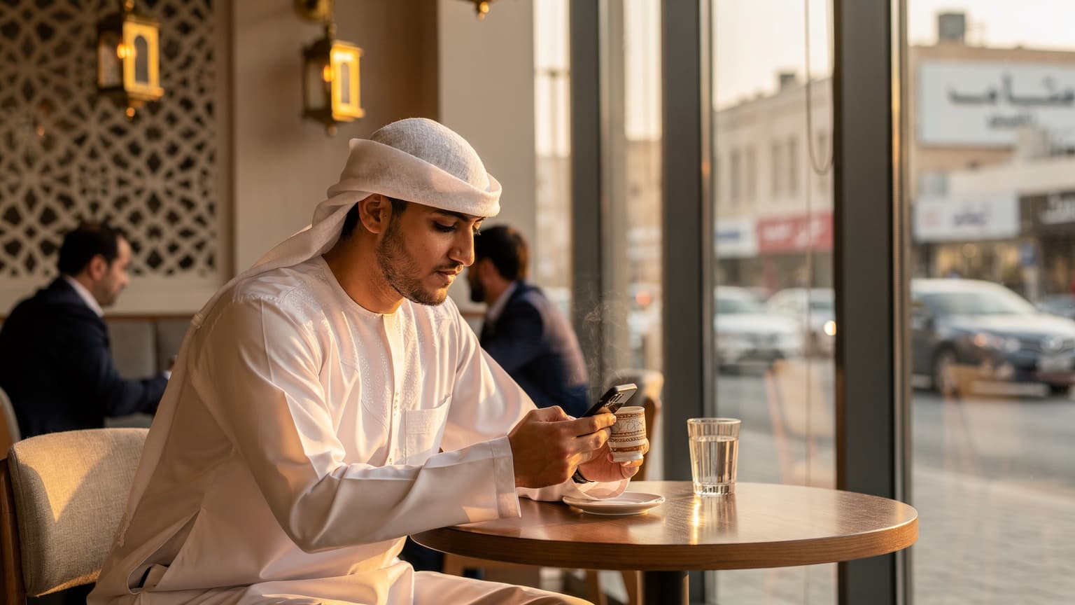 شاب عربي يرتدي ثوبًا تقليديًا يجلس في مقهى حديث بالرياض، ينظر إلى هاتفه الذكي وهو يحمل كوب قهوة، مع خلفية لمشهد المدينة النابض بالحياة عند غروب الشمس.
