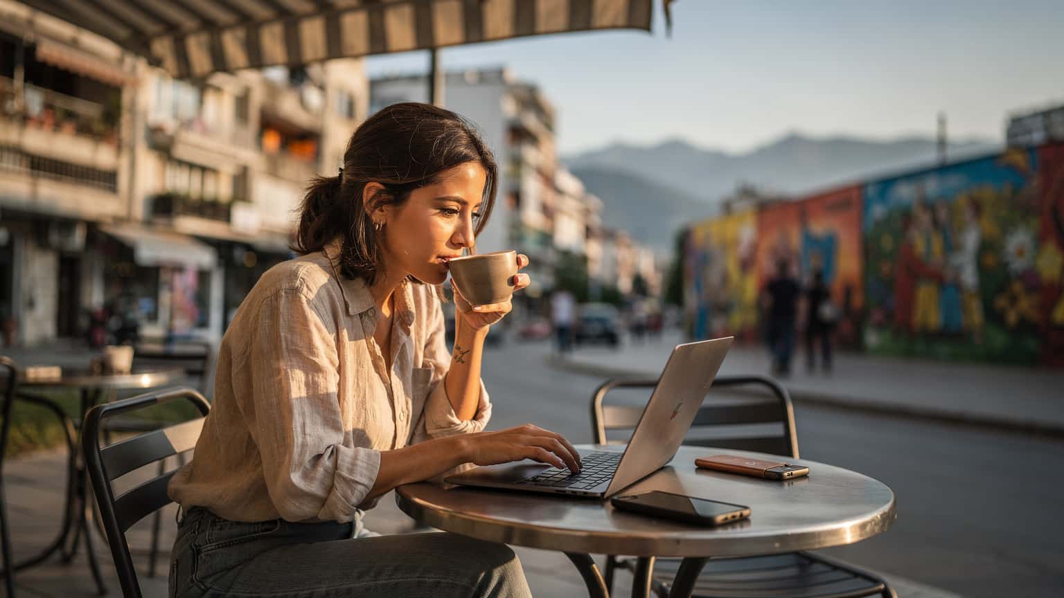 En kvinna sitter på ett kafé i Tirana, Albanien, med sin laptop och telefon, omgiven av en livlig stadsmiljö med berg i bakgrunden.
