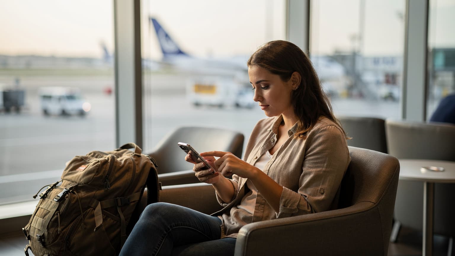 אישה צעירה מפעילה eSIM בטלפון שלה בטרקלין עסקים שקט בנמל התעופה בן גוריון, עם חלונות גדולים המשקיפים על מסלול ההמראה.