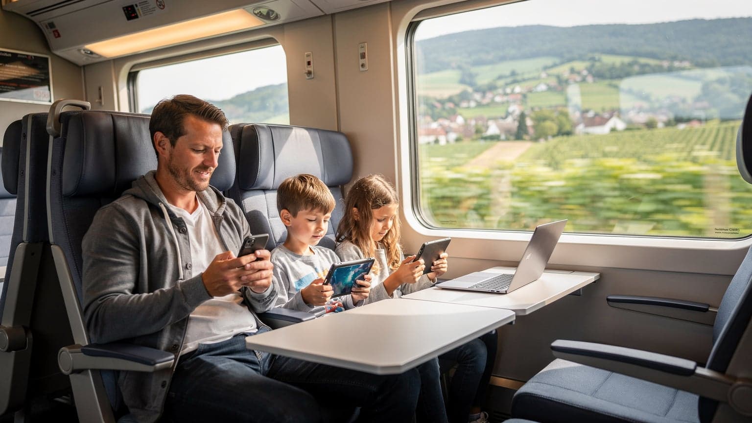 A family, two parents and two children, sitting on a high-speed train in Germany, all engrossed in their individual devices, with scenic European countryside blurring past the window.
