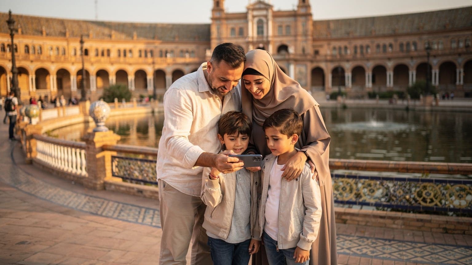 عائلة عربية، أب وأم وطفلان، ينظرون إلى هاتف ذكي يعرض خريطة أثناء استكشاف ساحة بلازا دي إسبانيا في إشبيلية، إسبانيا، في يوم مشمس.