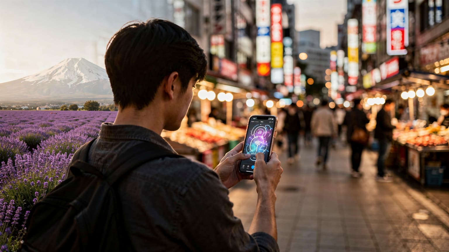 一位旅客在東京新宿站前查看手機上的eSIM設定,背景是繁忙的街景和高樓大廈。