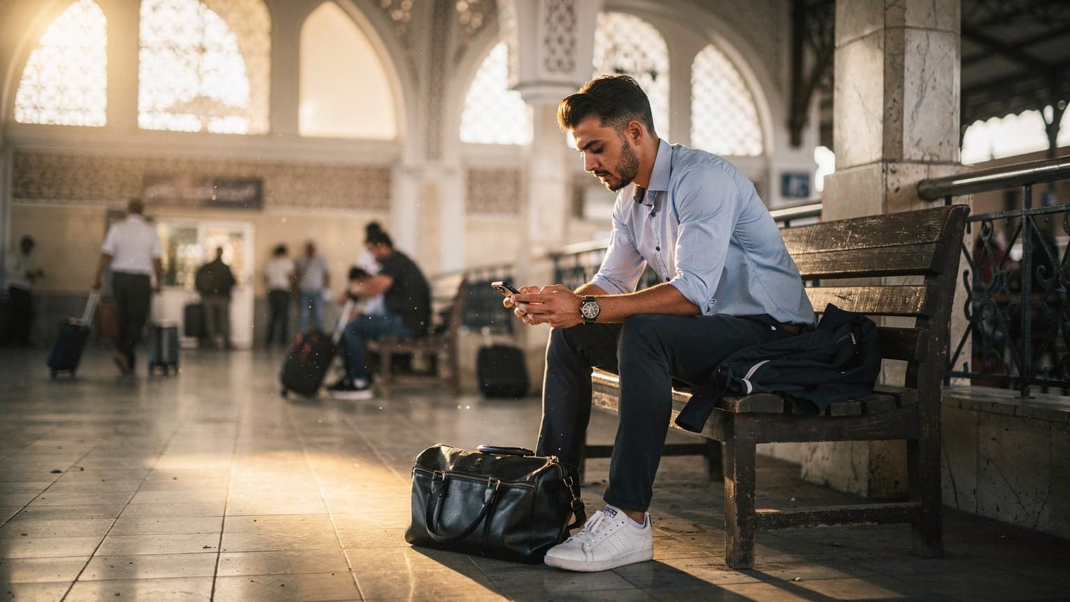 Un viajero revisa su teléfono mientras espera en una concurrida estación de tren en Casablanca, Marruecos, con el sol de la tarde filtrándose por los grandes ventanales.