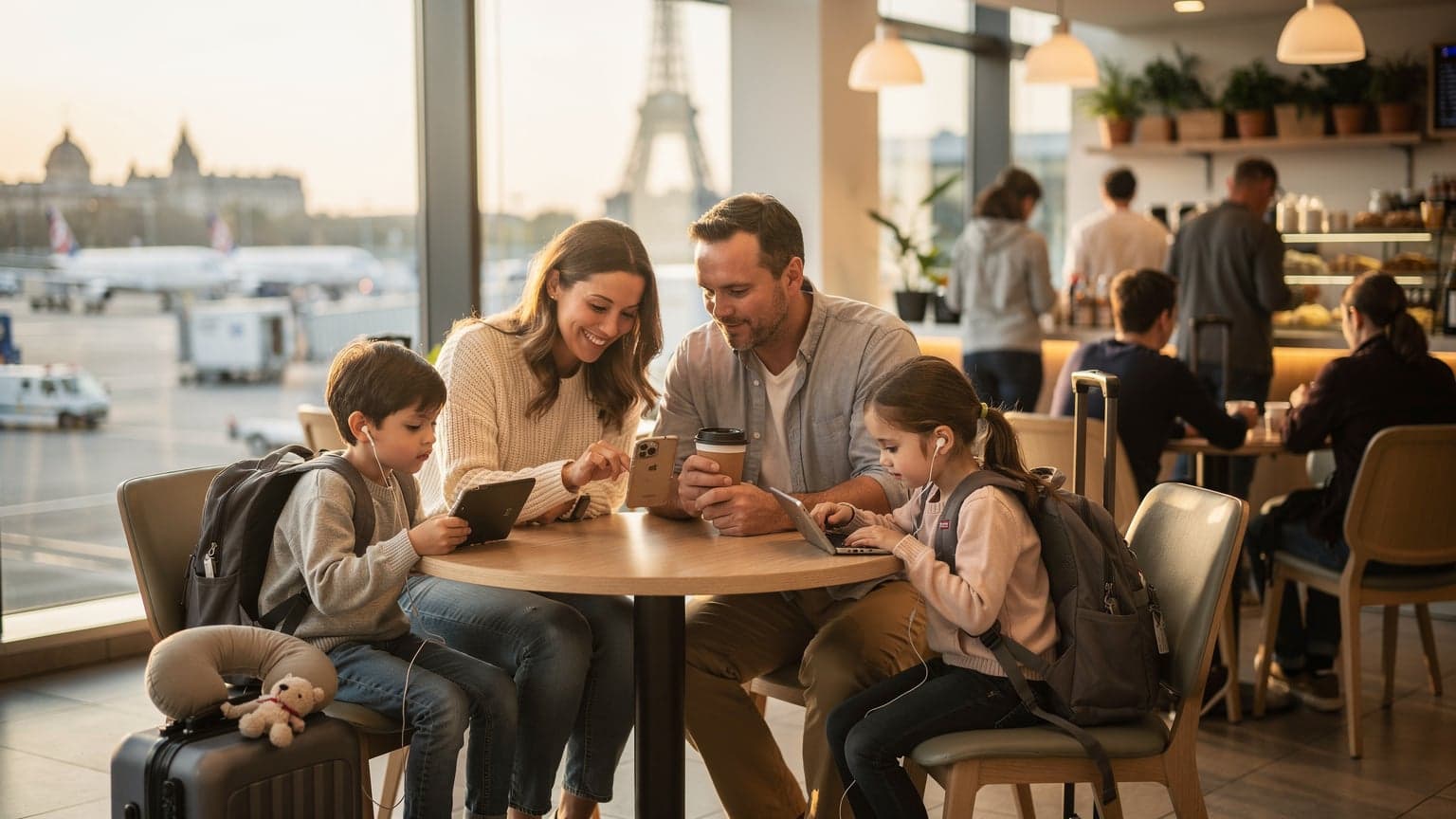 Une famille avec deux enfants, un garçon et une fille, assis confortablement dans un café lumineux d'un aéroport international, chacun absorbé par sa tablette ou son téléphone, tandis que les parents consultent leurs propres appareils, planifiant leur prochaine étape de voyage. Le père tient une tasse de café et la mère regarde un écran, un léger sourire aux lèvres.