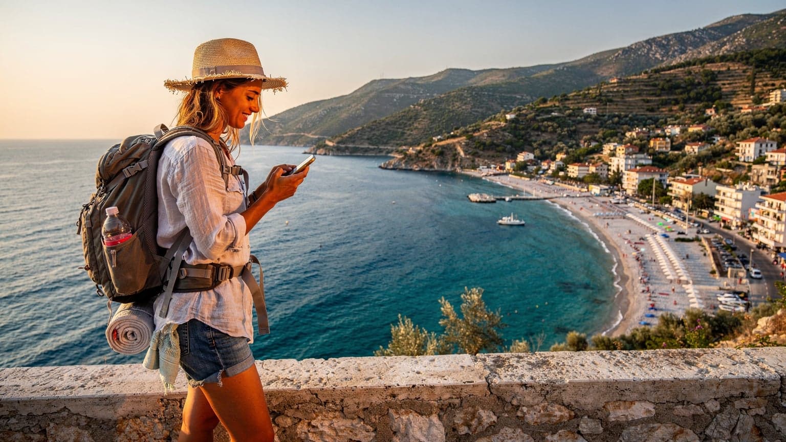 Μια γυναίκα με σακίδιο πλάτης, φορώντας ένα ψάθινο καπέλο, κοιτάζει την ακτογραμμή των Αγίων Σαράντα με τα τιρκουάζ νερά και τα λευκά βότσαλα, με το κινητό της στο χέρι, αναζητώντας την επόμενη παραλία.